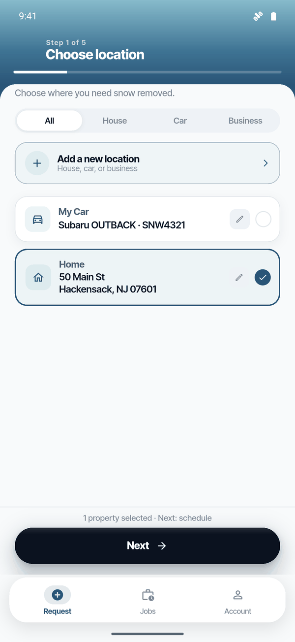 Choose location screen with a saved house and a saved car.