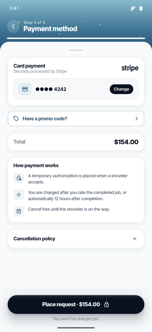 Payment method screen showing a card processed by Stripe and a How payment works summary.