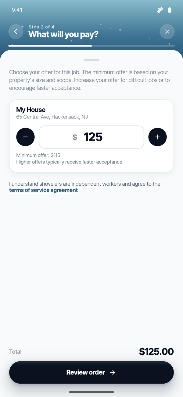 What will you pay screen with an offer amount, plus and minus buttons and the minimum offer.