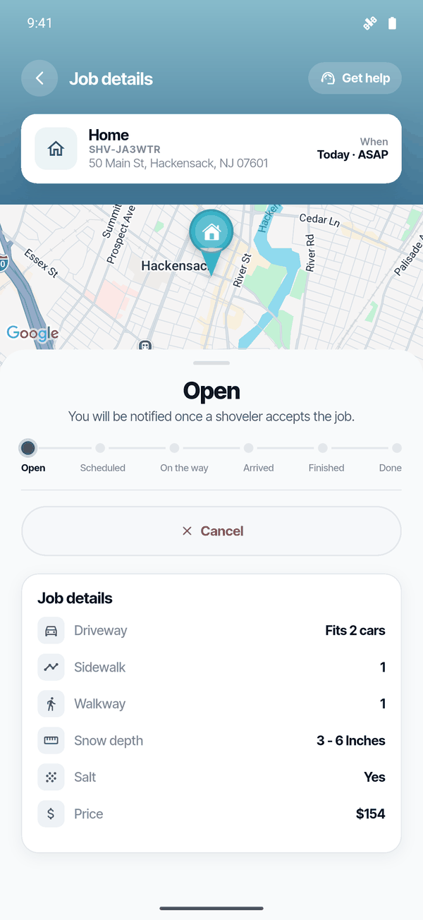 Job status screen with a map and the steps Open, Scheduled, On the way, Arrived, Finished and Done.
